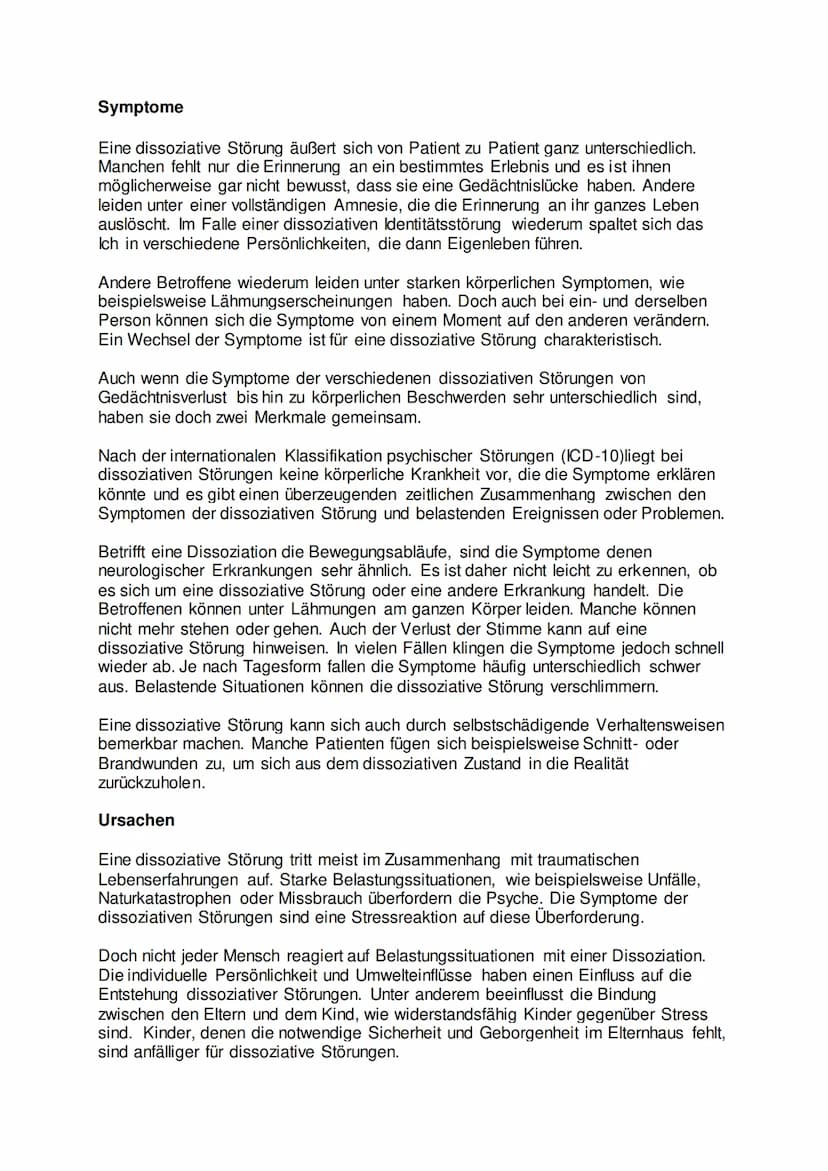Dissoziative Störung
Dissoziative Störung ist ein Oberbegriff für eine Reihe psychischer Krankheitsbilder.
Die Betroffenen regieren auf sehr