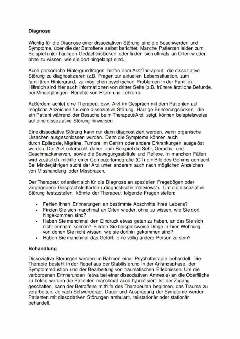 Dissoziative Störung
Dissoziative Störung ist ein Oberbegriff für eine Reihe psychischer Krankheitsbilder.
Die Betroffenen regieren auf sehr