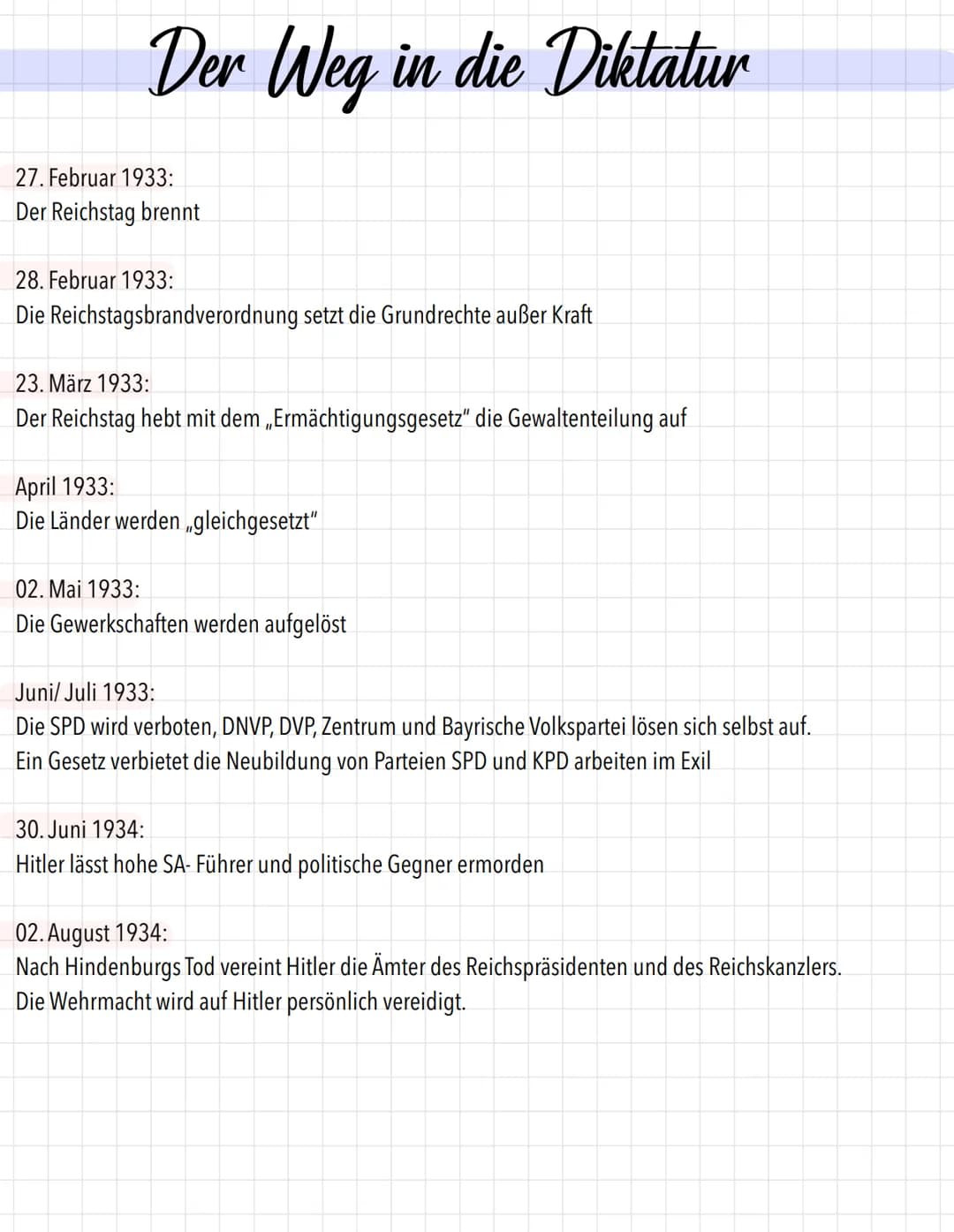 Der Weg in die Diktatur
27. Februar 1933:
Der Reichstag brennt
28. Februar 1933:
Die Reichstagsbrandverordnung setzt die Grundrechte außer K