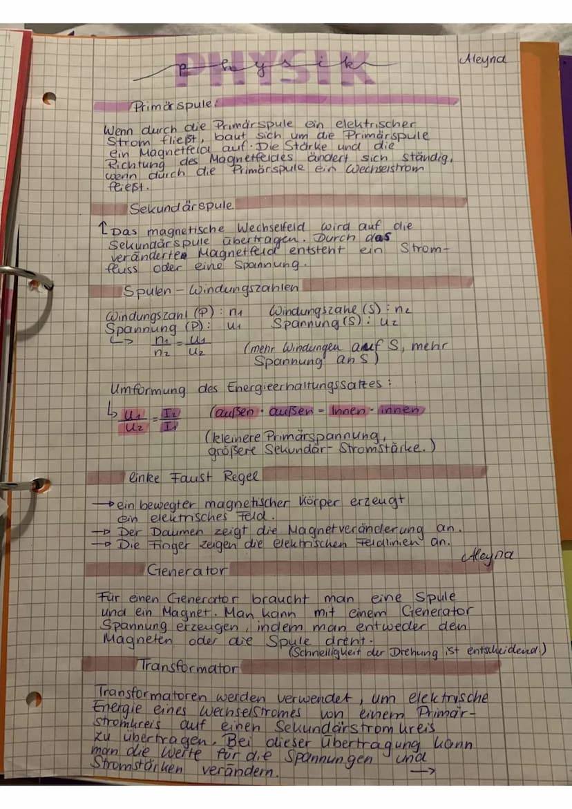 hysik
Primärspule!
Wenn durch die Primarspule ein elektrischer
Strom fließt, baut sich um die Primärspule
ein Magnetfeld auf. Die Stärke und