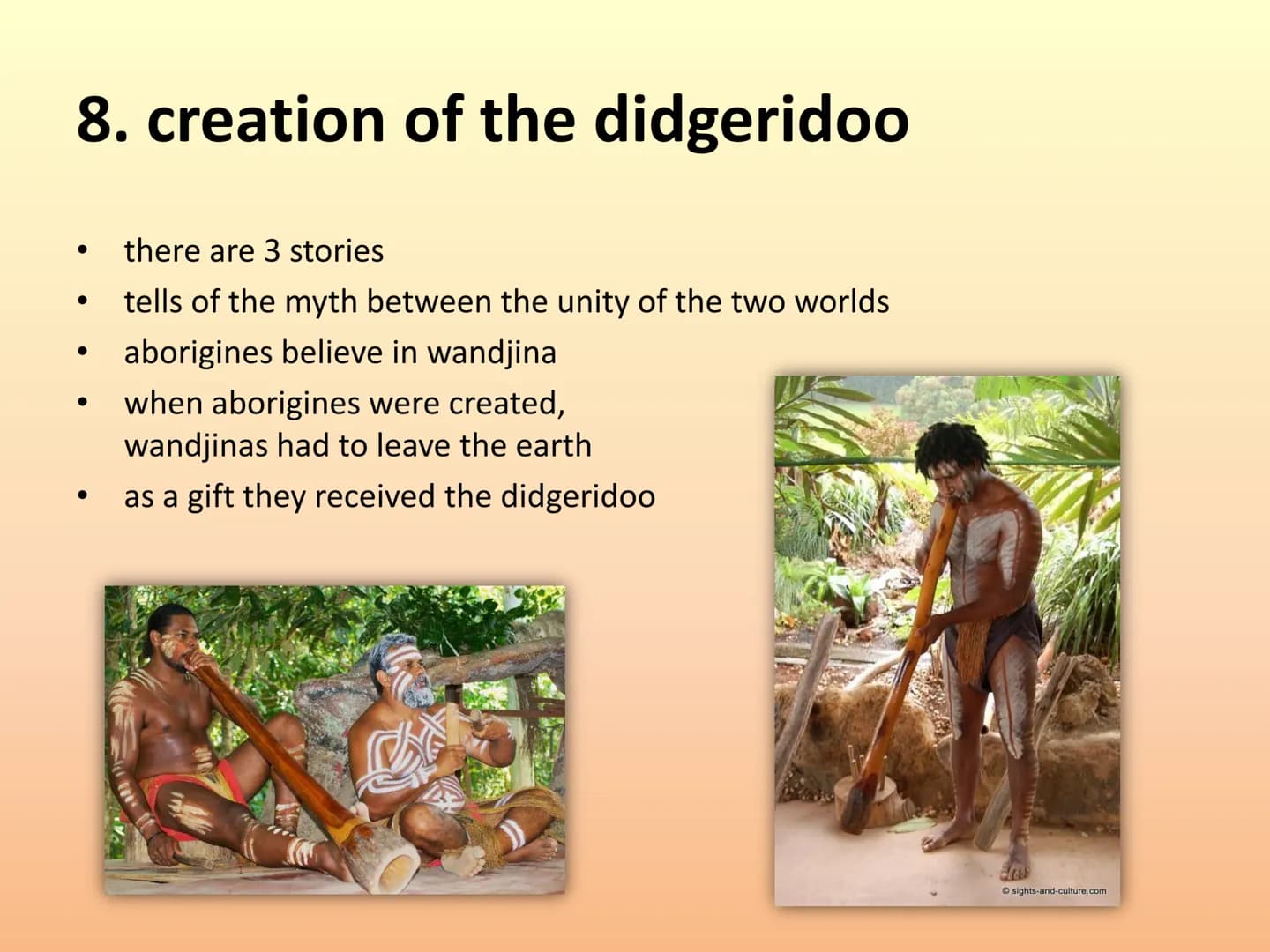 Dreaming - The Aborigines
presentation by:
Lisa, Heidi, Luise,
Emma and Celine
Aboriginal Dreamtime structure:
1. dreamtime
2. creation myth