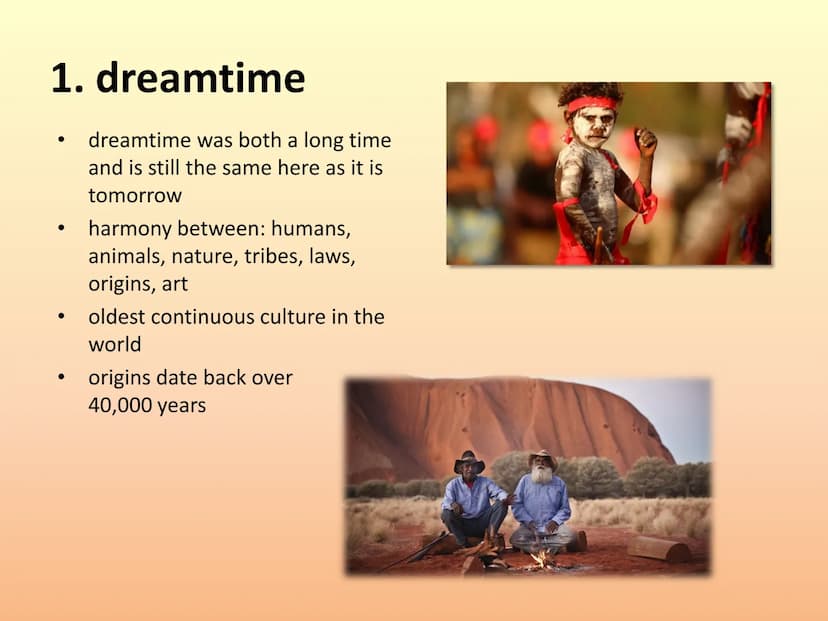 Dreaming - The Aborigines
presentation by:
Lisa, Heidi, Luise,
Emma and Celine
Aboriginal Dreamtime structure:
1. dreamtime
2. creation myth