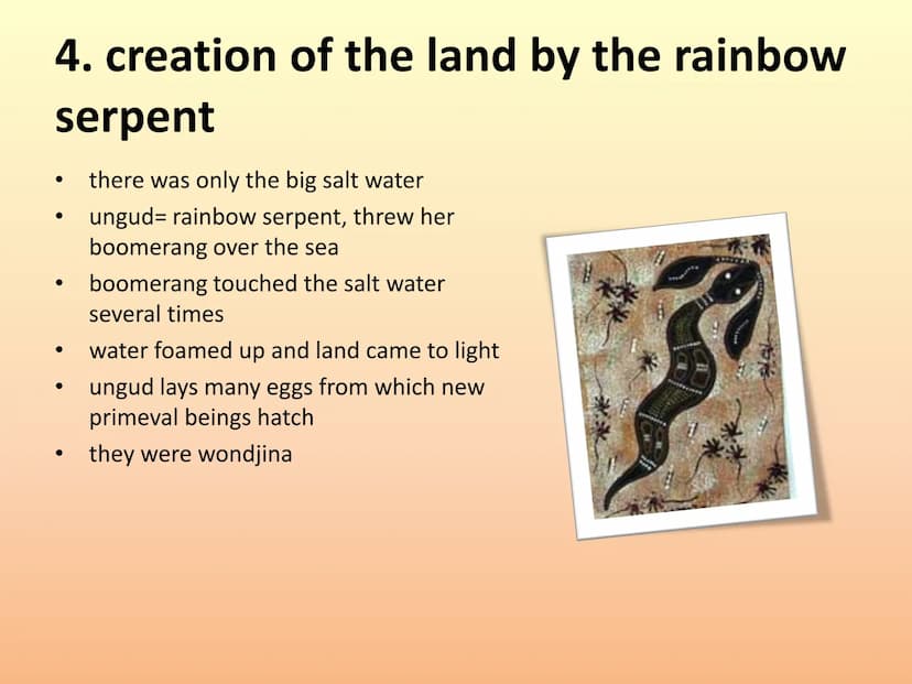 Dreaming - The Aborigines
presentation by:
Lisa, Heidi, Luise,
Emma and Celine
Aboriginal Dreamtime structure:
1. dreamtime
2. creation myth