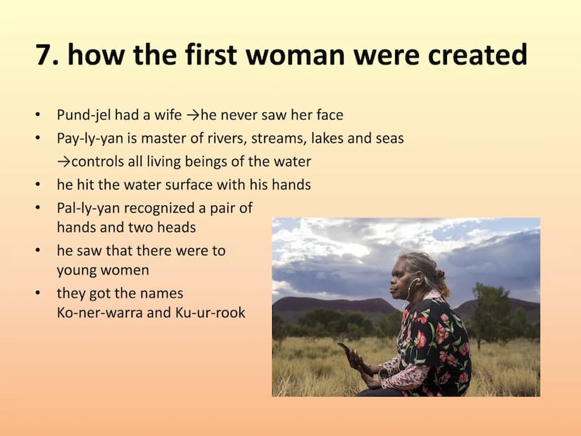 Dreaming - The Aborigines
presentation by:
Lisa, Heidi, Luise,
Emma and Celine
Aboriginal Dreamtime structure:
1. dreamtime
2. creation myth