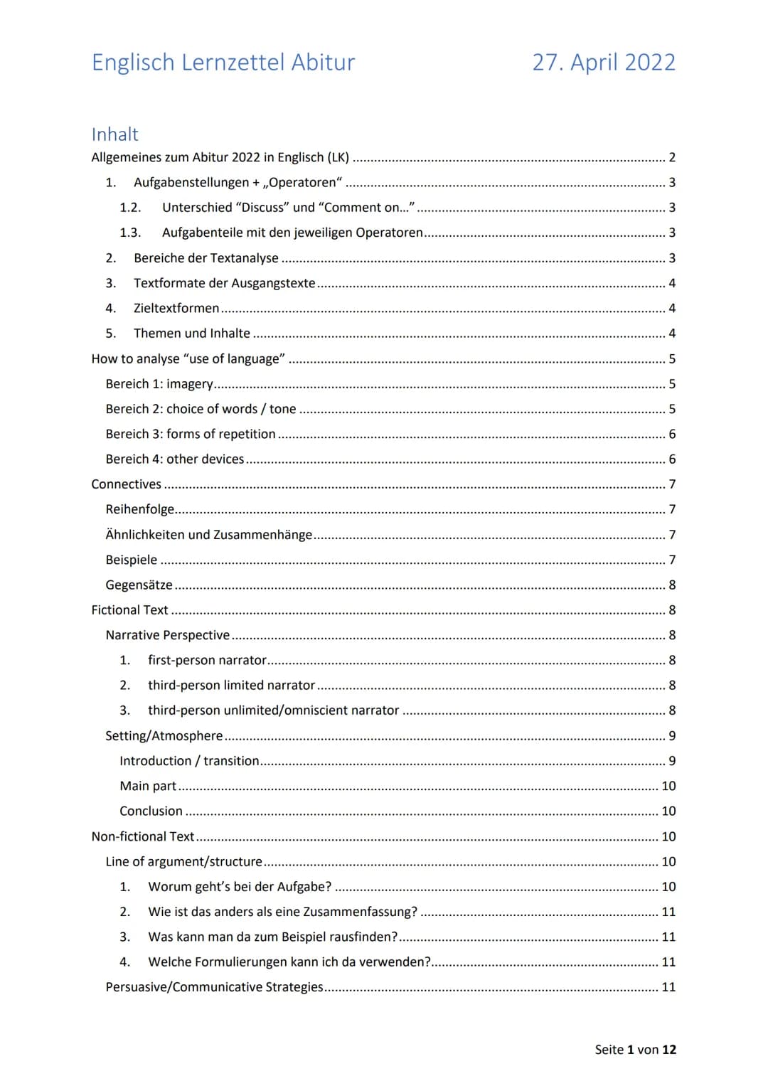 Englisch Lernzettel Abitur
Inhalt
Allgemeines zum Abitur 2022 in Englisch (LK)
1. Aufgabenstellungen + ,,Operatoren"
1.2. Unterschied "Discu