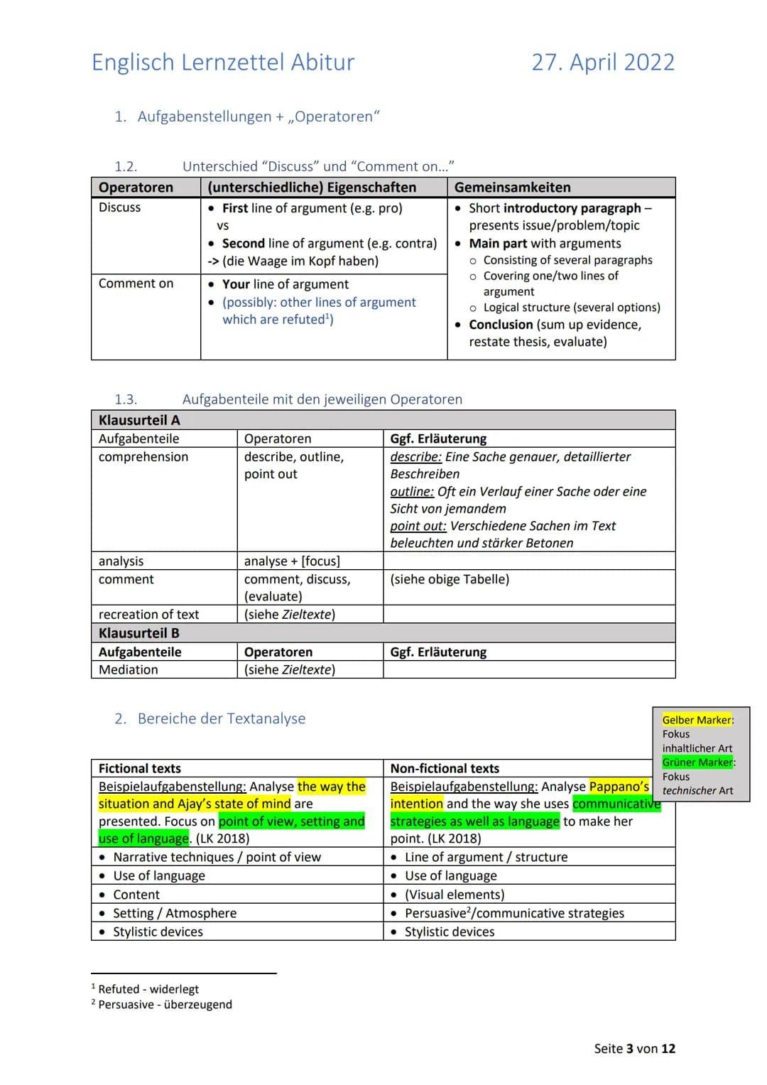 Englisch Lernzettel Abitur
Inhalt
Allgemeines zum Abitur 2022 in Englisch (LK)
1. Aufgabenstellungen + ,,Operatoren"
1.2. Unterschied "Discu