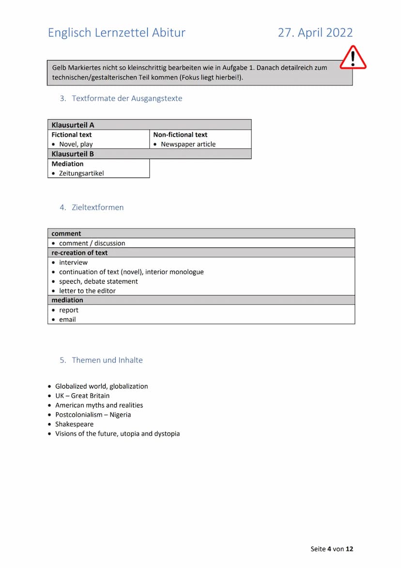 Englisch Lernzettel Abitur
Inhalt
Allgemeines zum Abitur 2022 in Englisch (LK)
1. Aufgabenstellungen + ,,Operatoren"
1.2. Unterschied "Discu