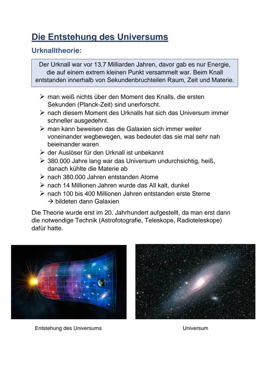 # Die Entstehung des Universums
Urknalltheorie:

Der Urknall war vor 13,7 Milliarden Jahren, davor gab es nur Energie,
die auf einem extrem 
