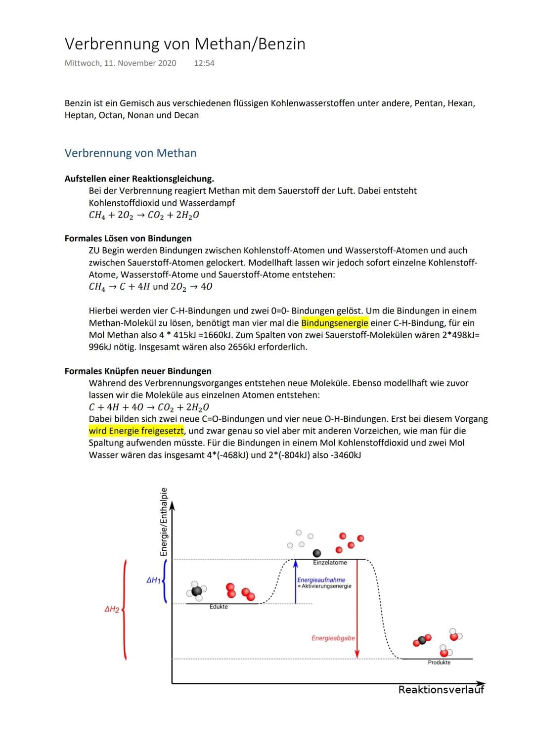 Verbrennung von Methan/Benzin
Mittwoch, 11. November 2020 12:54
Benzin ist ein Gemisch aus verschiedenen flüssigen Kohlenwasserstoffen unter