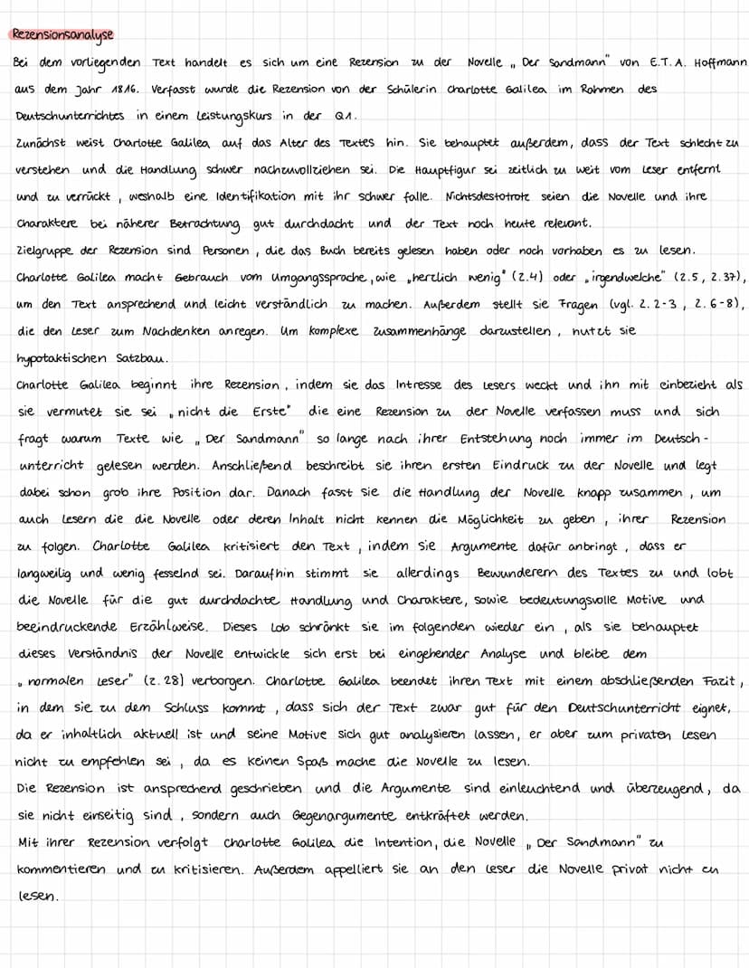 Rezensionsanalyse
Bei dem vorliegenden Text handelt es sich um eine Rezension zu der Novelle, Der Sandmann" von
aus dem Jahr 1816. Verfasst 