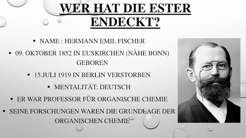EINE NEUE STOFFGRUPPE –
DIE ESTER
CHEMIE GFS
VON TAMARA FUHR 10B GLIEDERUNG
✓ WER HAT ESTER ENTDECKT?
✓ WAS IST EIN ESTER?
✓ EIGENSCHAFTEN V