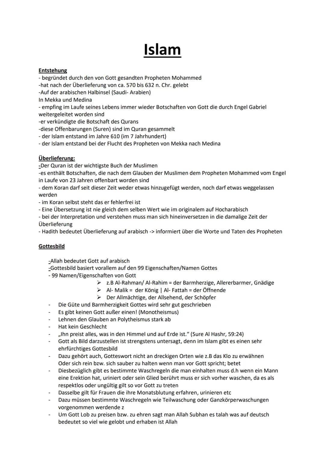 
<p>Der Islam entstand durch den von Gott gesandten Propheten Mohammed, der nach der Überlieferung von ca. 570 bis 632 n. Chr. auf der arabi