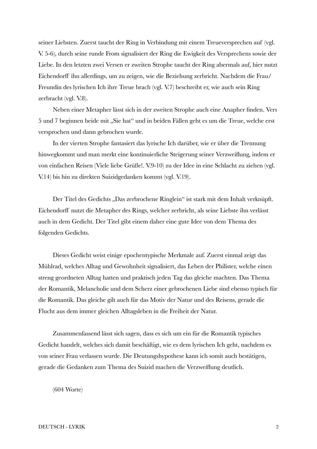 10. Oktober 2022
Gedichtsanalyse
Joseph von Eichendorff - Das zerbrochene Ringlein
In dem Gedicht ,,Das zerbrochene Ringlein", welches Josep