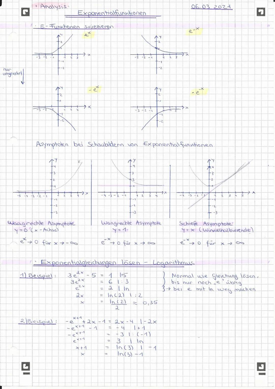 nur
ungevehet
L
Analysis:
ex.
· E-Funktionen skizzieren
-5 -4-3-2-1
·3
4
-1
1
=L
waagrechte Asymptote
y = 0 (x-Achse)
1
1) Beispiel:
→0 für 