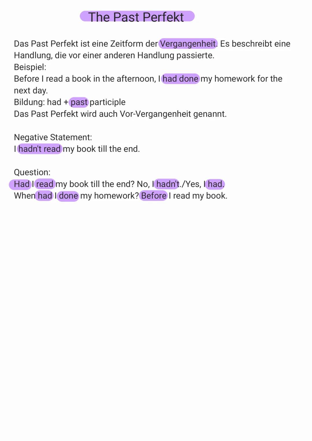 The Past Perfekt
Das Past Perfekt ist eine Zeitform der Vergangenheit. Es beschreibt eine
Handlung, die vor einer anderen Handlung passierte