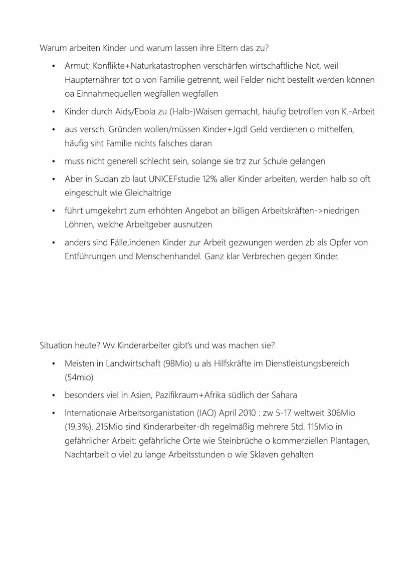 Kinderarbeit - was ist das genau?
unterscheiden zwischen normalen Aufgaben (Haushalt), zwischen legaler
Beschäftigung von Jgdl + zwischen Au