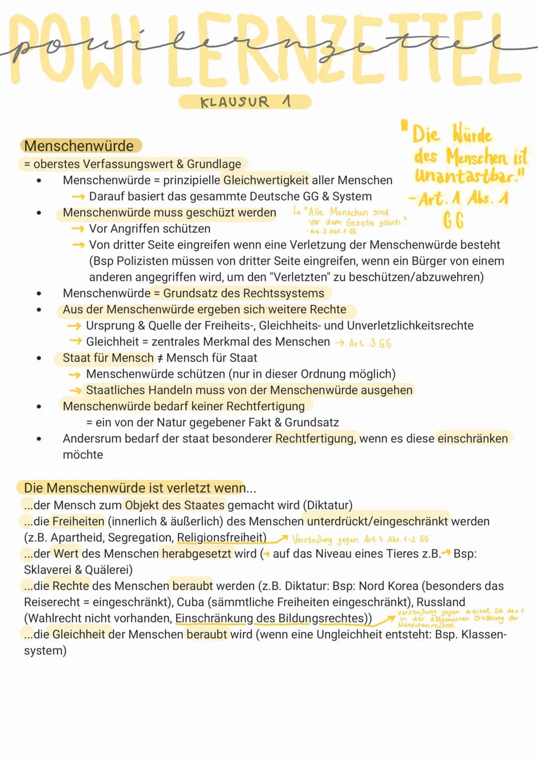 يلي تحت تسلط تسمم
Menschenwürde
= oberstes Verfassungswert & Grundlage
●
KLAUSUR 1
●
Menschenwürde = prinzipielle Gleichwertigkeit aller Men