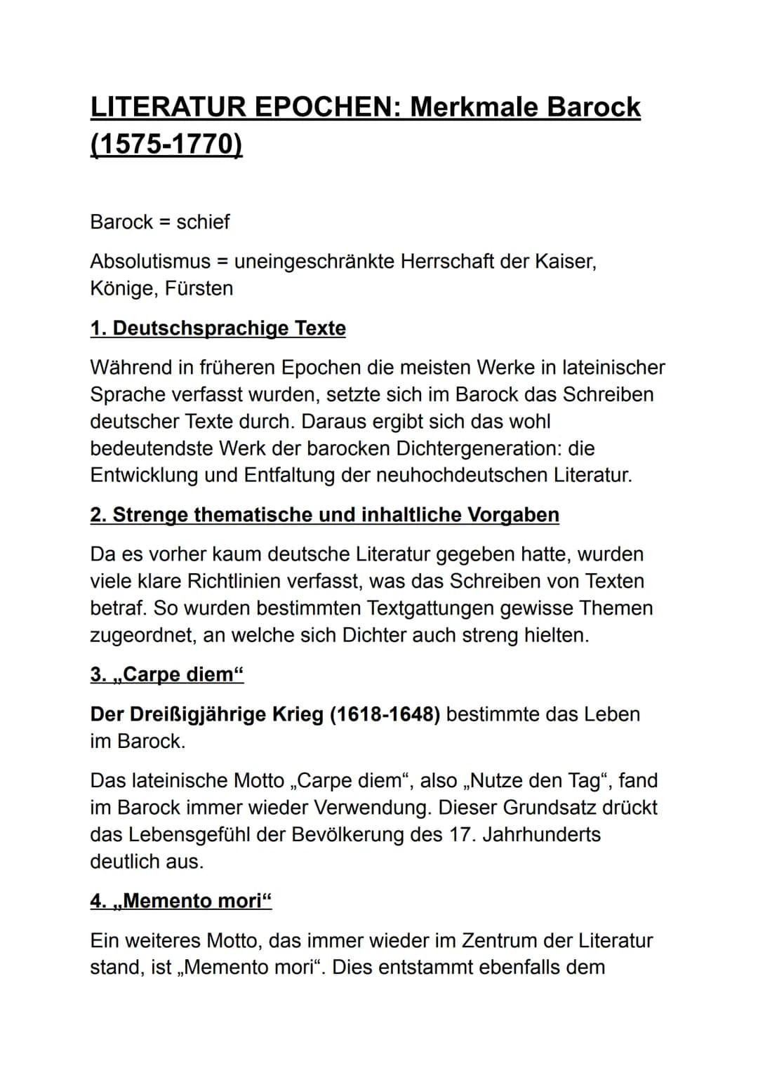 LITERATUR EPOCHEN: Merkmale Barock
(1575-1770)
Barock schief
Absolutismus = uneingeschränkte Herrschaft der Kaiser,
Könige, Fürsten
=
1. Deu