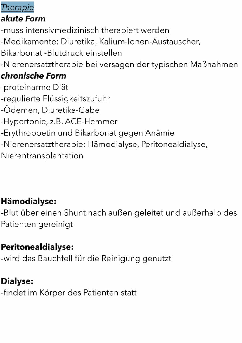 Niereninsuffizienz
Allgemeines und Begriffe
-eine akute oder chronische Herabsetzung der Nierenfunktion
akute Form (Akutes Nierenversagen)
-