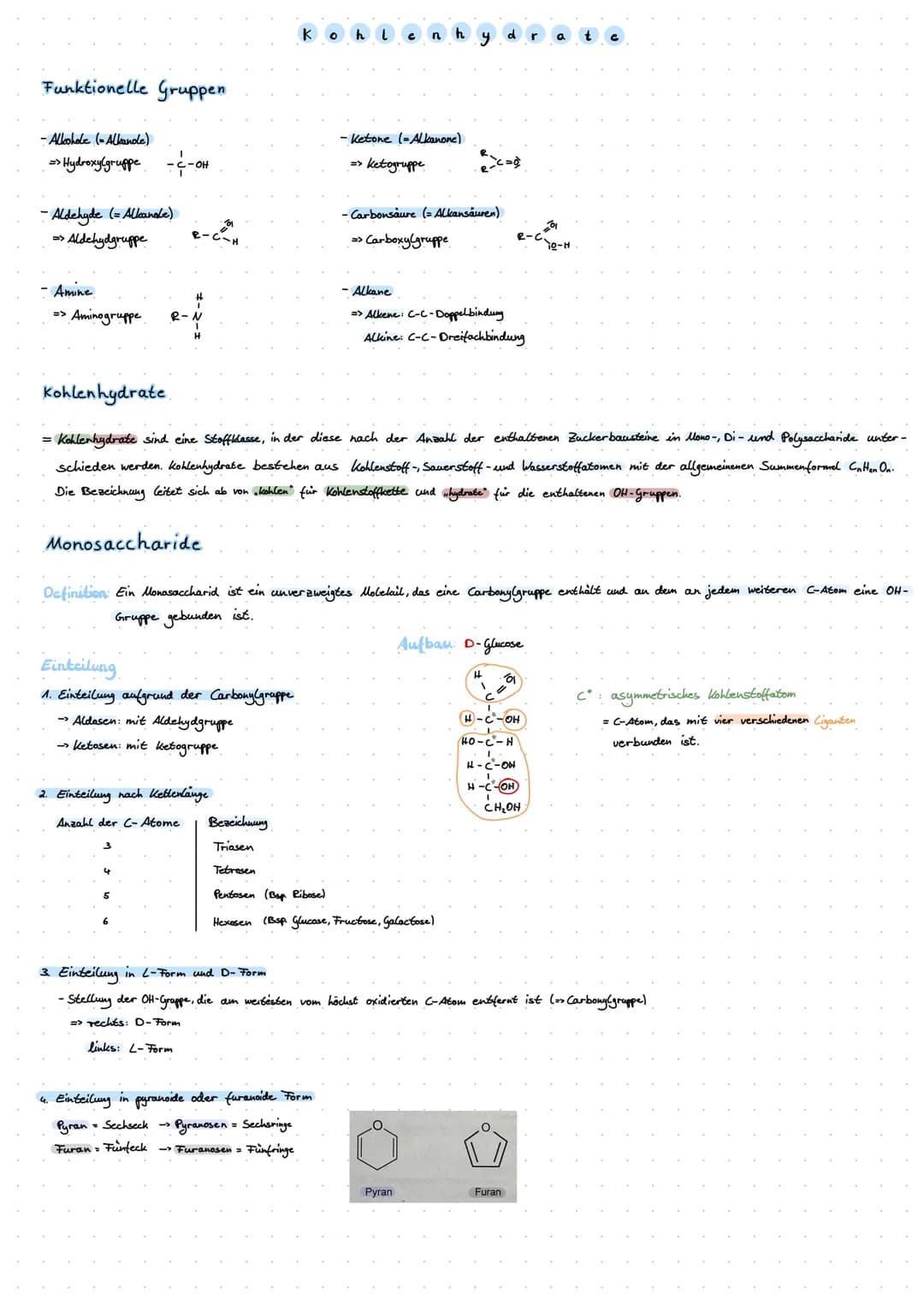 Funktionelle Gruppen
- Alkohole (Albanole)
=> Hydroxy(gruppe --OH
-Aldehyde (= Allande)
=> Aldehydgruppe
- Amine
=>
Aminogruppe
Einteilung
1