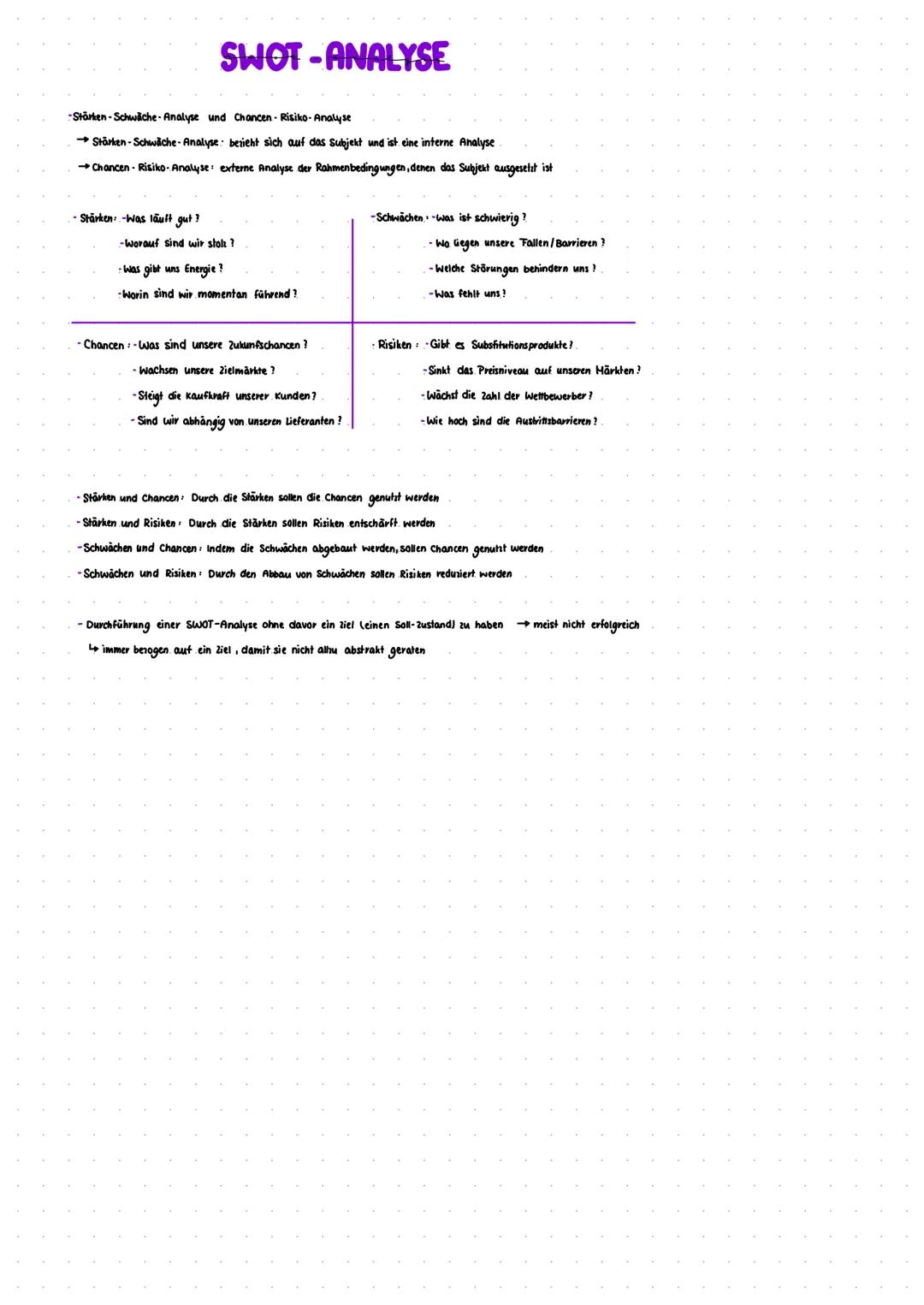 SWOT-ANALYSE
-Stärken-Schwäche-Analyse und Chancen - Risiko- Analyse
→ Stärken-Schwäche-Analyse: bezieht sich auf das subjekt und ist eine i