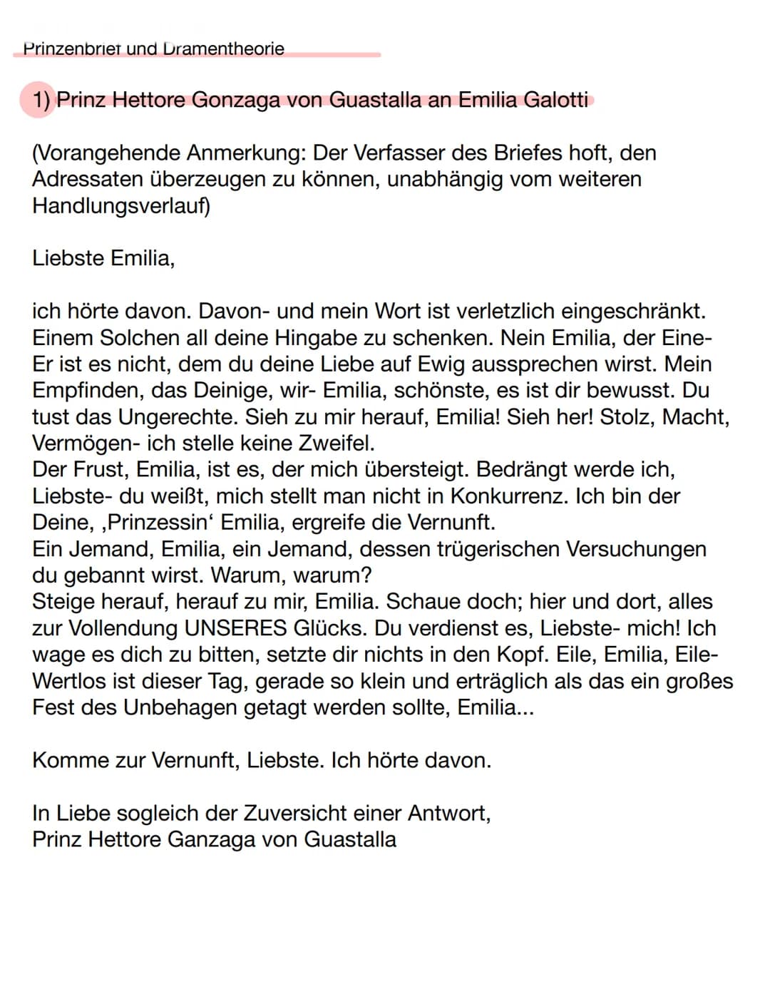 Prinzenbriet und Dramentheorie
1) Prinz Hettore Gonzaga von Guastalla an Emilia Galotti
(Vorangehende Anmerkung: Der Verfasser des Briefes h