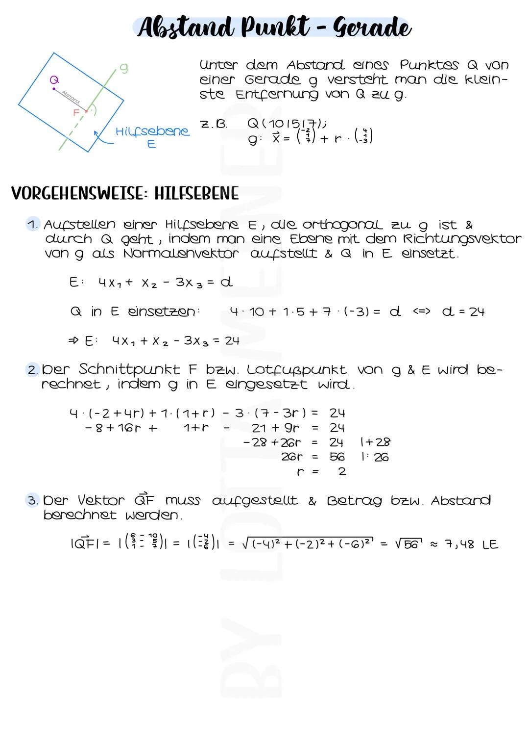 9
# Abstand Punkt - Gerade

Unter dem Abstand eines Punktes Q von
einer Gerade g versteht man die klein-
ste Entfernung von Q zu g.

Z.B. Q 