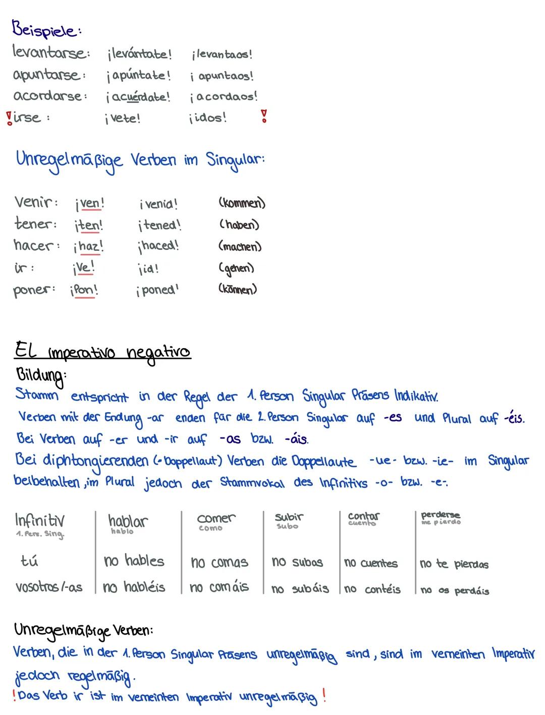 Spanisch 11. Klasse
- El imperativo
- El subjuntivo
El imperativo
Form von Aufrufen oder Befehle.
Bildung:
2. Person Singular (tú):
-s der 2