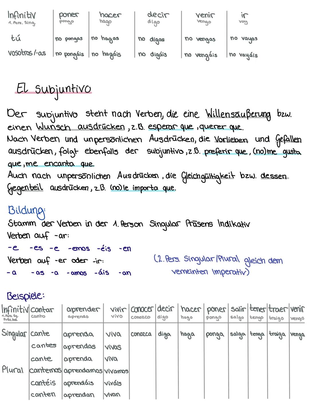 Spanisch 11. Klasse
- El imperativo
- El subjuntivo
El imperativo
Form von Aufrufen oder Befehle.
Bildung:
2. Person Singular (tú):
-s der 2