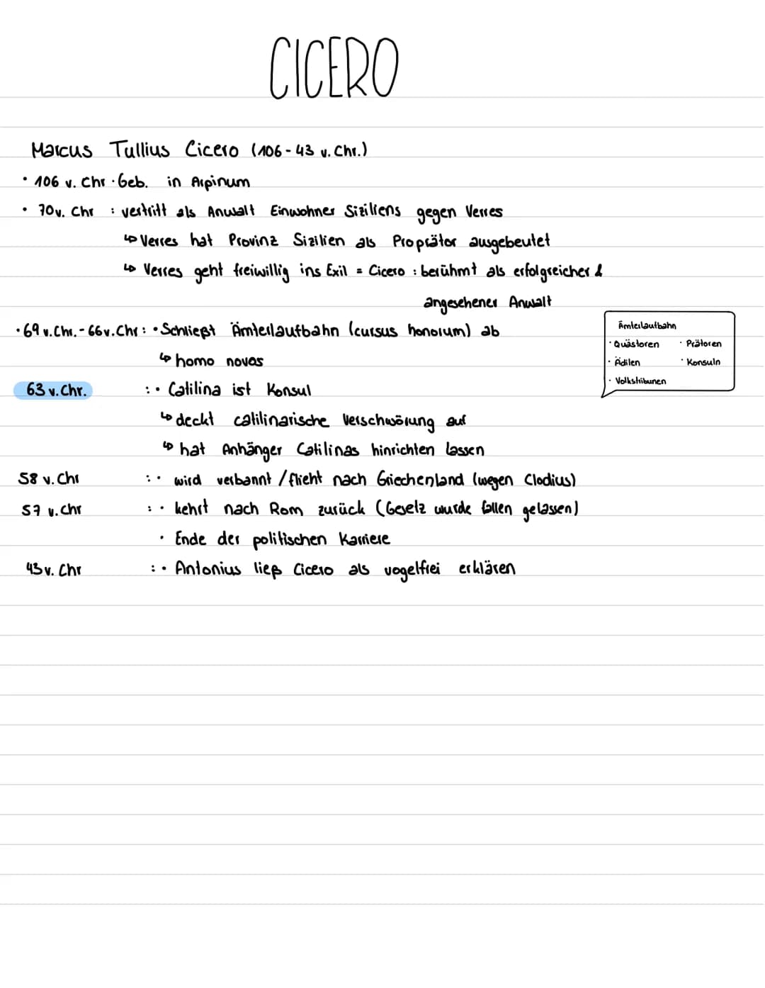 Marcus Tullius Cicero (106-43 v. Chr.)
• 106 v. Chr. Geb. in Alpinum
• 70v. Chr : vertritt als Anwalt Einwohner Siziliens gegen Verres
4 Ver