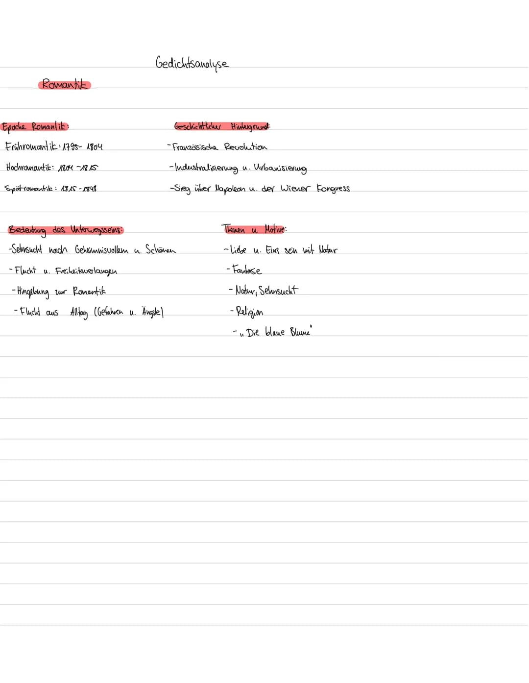 Romantik
Epoche Romantik
Frühromantik 1795-1804
Hochromantik: 1804-18.15
Spät romantik: 18.15-1848
Gedichtsanalyse
-Flucht u. Freiheitsverla