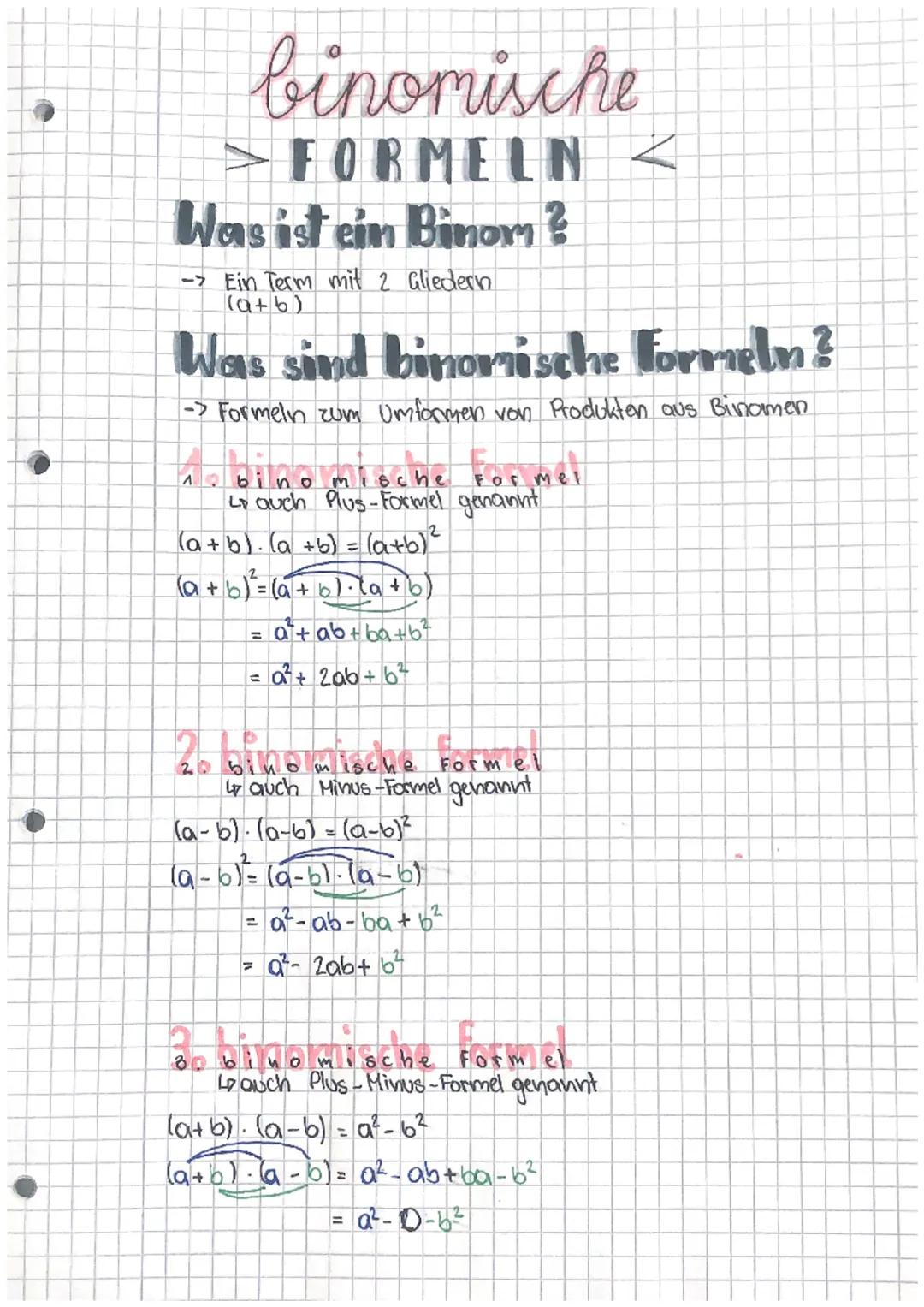 binomische
> FORMELN
Was ist ein Binom ?
-> Ein Term mit 2 Gliedern
(a+b)
Was sind binomische Formeln?
-> Formeln zum Umformen von Produkten