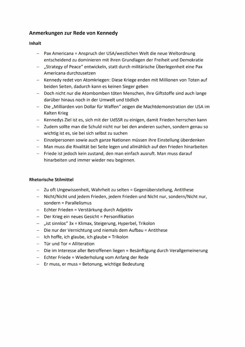 Anmerkungen zur Rede von Kennedy
Inhalt
I
T
Pax Americana = Anspruch der USA/westlichen Welt die neue Weltordnung
entscheidend zu dominieren