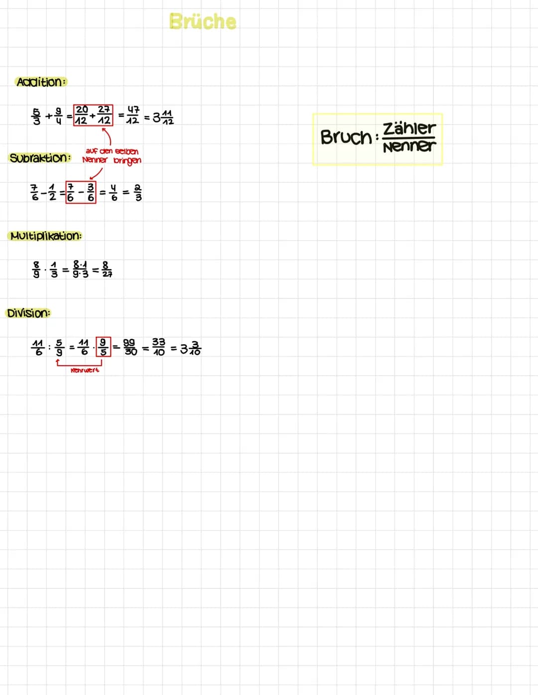 Addition:
20 27
+4-22 +22=12 - 341
=
12
auf den selben
Subraktion: Nenner bringen
7
2 - 2 - 2 - 3 - 4 - ²
=
Multiplikation:
Division:
=
Brüc
