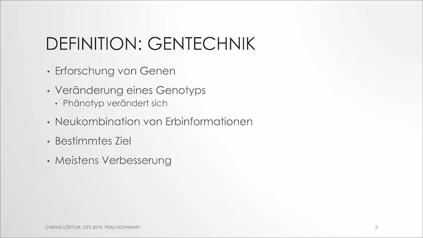 GENFOOD
GENTECHNIK
GFS Biologie
AM BEISPIEL VON LEBENSMITTELN INHALT
.
Definition
Arten von Gentechnik
Ziele der Gentechnik
Zeitliche Entwic