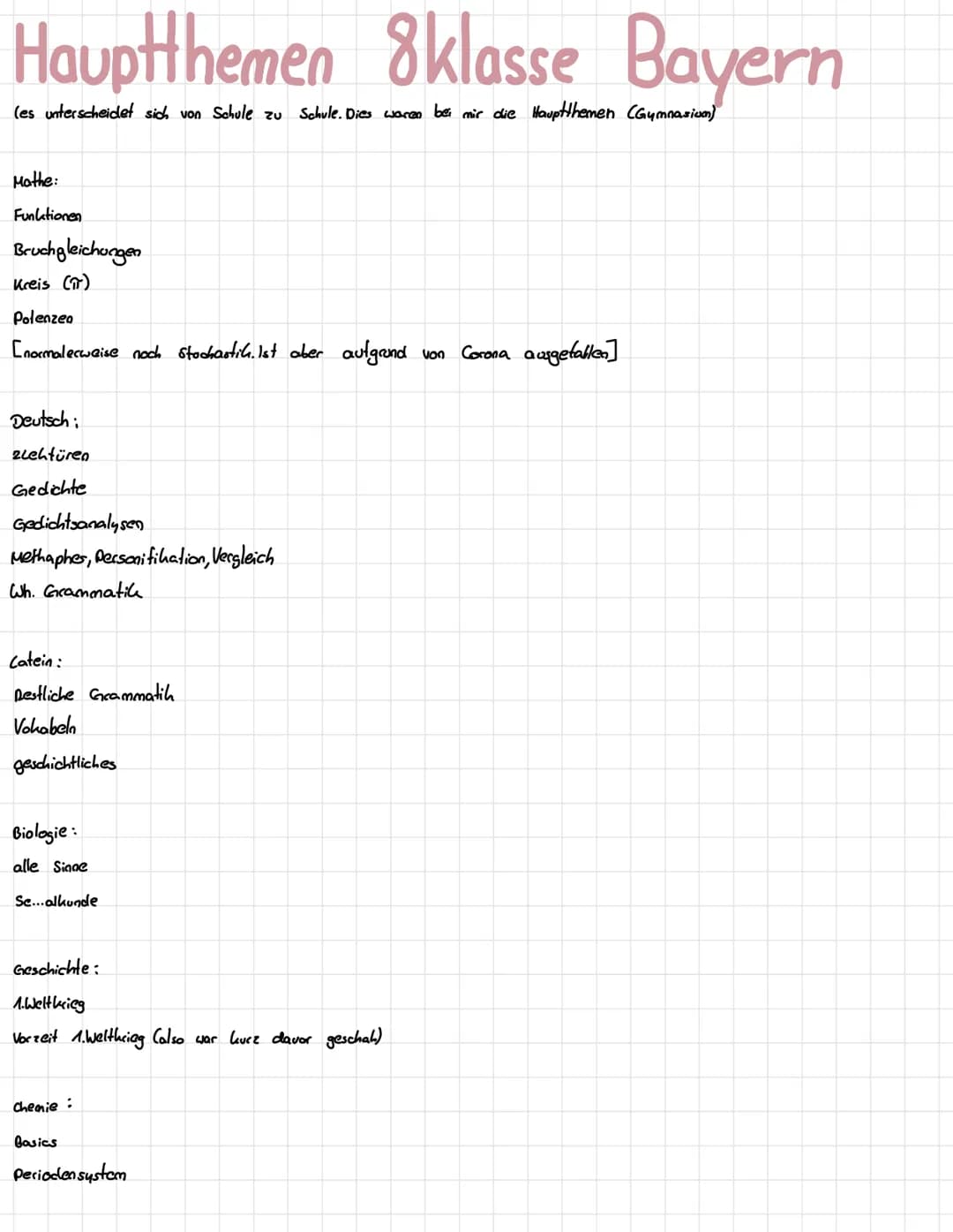 Hauptthemen 8 klasse Bayern
(es unterscheidet sich von Schule zu Schule. Dies waren bei mir die Hauptthemen (Gymnasium)
Mathe:
Funktionen
Br