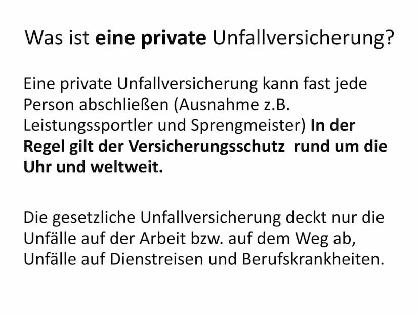 Private Unfallversicherung Gliederung
1. Was ist eine private Unfallversicherung?
2. Was ist ein Unfall?
3. Kosten
4. Invaliditätsleistung
5