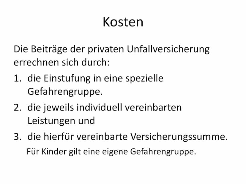 Private Unfallversicherung Gliederung
1. Was ist eine private Unfallversicherung?
2. Was ist ein Unfall?
3. Kosten
4. Invaliditätsleistung
5