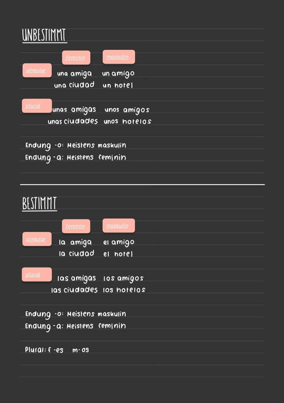 UNBESTIMMT
singular
plural
singular
una amiga
una ciudad
BESTIMMT
plural
feminin
Endung -o: Meistens maskulin
Endung -a: Meistens feminin
Ju