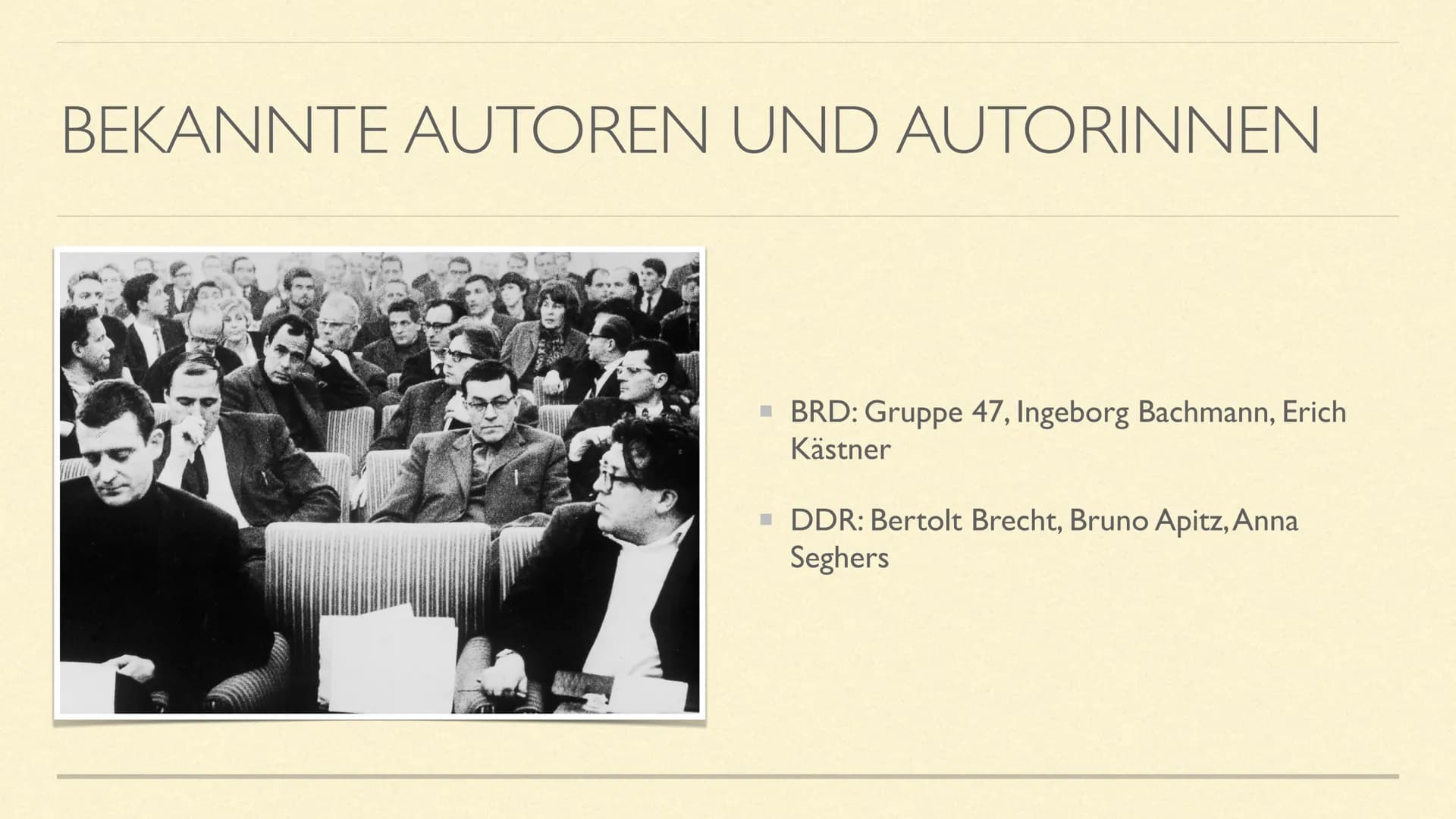 NACHKRIEGSLITERATUR
Literarische Epoche(n) ab 1945 INHALT
Zeitraum der Epoche
geschichtlicher Hintergrund
häufige Themen/Motive
bekannte Aut