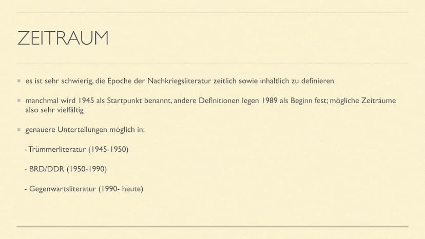 NACHKRIEGSLITERATUR
Literarische Epoche(n) ab 1945 INHALT
Zeitraum der Epoche
geschichtlicher Hintergrund
häufige Themen/Motive
bekannte Aut