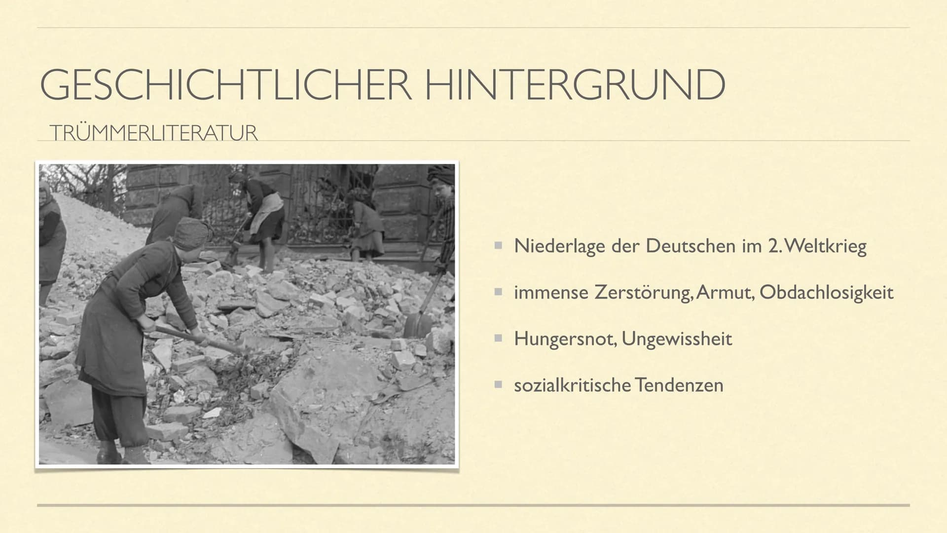 NACHKRIEGSLITERATUR
Literarische Epoche(n) ab 1945 INHALT
Zeitraum der Epoche
geschichtlicher Hintergrund
häufige Themen/Motive
bekannte Aut