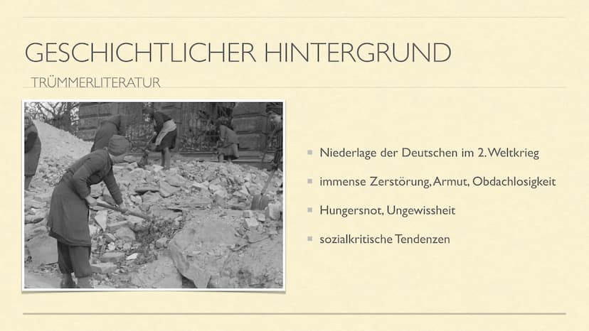 NACHKRIEGSLITERATUR
Literarische Epoche(n) ab 1945 INHALT
Zeitraum der Epoche
geschichtlicher Hintergrund
häufige Themen/Motive
bekannte Aut