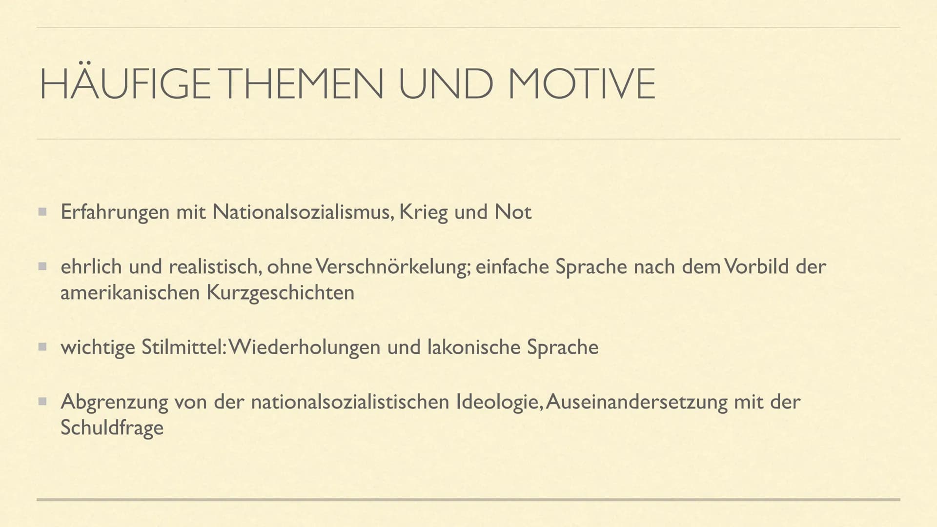 NACHKRIEGSLITERATUR
Literarische Epoche(n) ab 1945 INHALT
Zeitraum der Epoche
geschichtlicher Hintergrund
häufige Themen/Motive
bekannte Aut