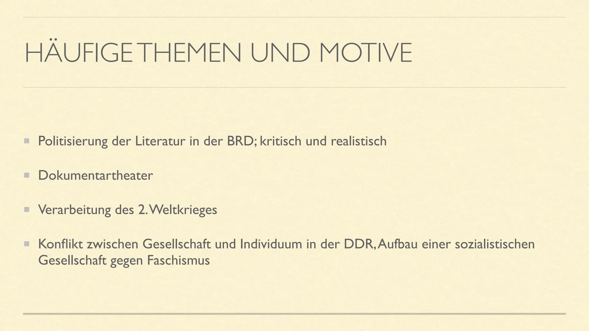 NACHKRIEGSLITERATUR
Literarische Epoche(n) ab 1945 INHALT
Zeitraum der Epoche
geschichtlicher Hintergrund
häufige Themen/Motive
bekannte Aut