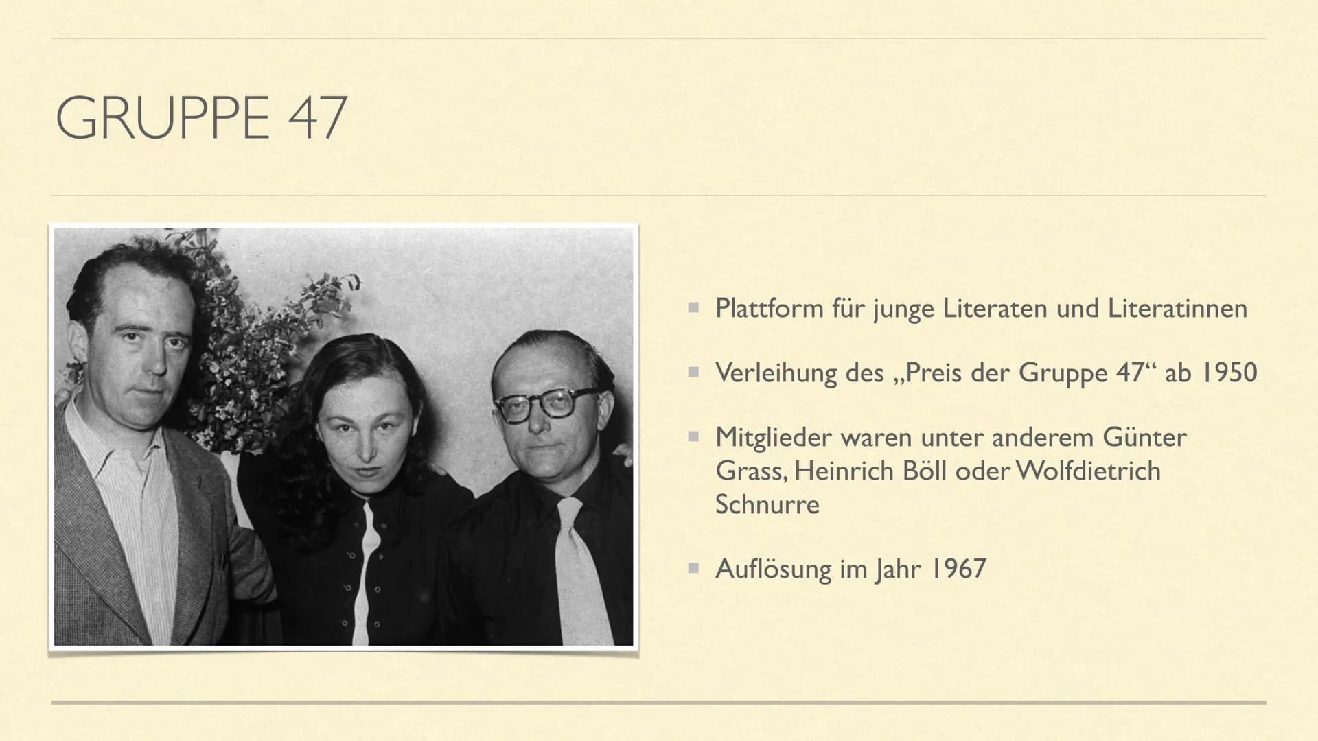 NACHKRIEGSLITERATUR
Literarische Epoche(n) ab 1945 INHALT
Zeitraum der Epoche
geschichtlicher Hintergrund
häufige Themen/Motive
bekannte Aut