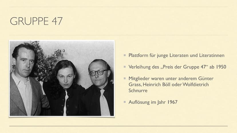 NACHKRIEGSLITERATUR
Literarische Epoche(n) ab 1945 INHALT
Zeitraum der Epoche
geschichtlicher Hintergrund
häufige Themen/Motive
bekannte Aut