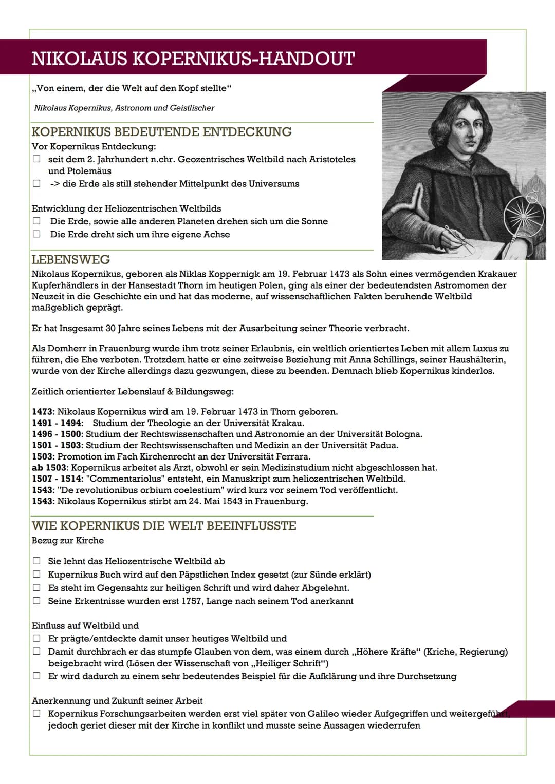 NIKOLAUS KOPERNIKUS-HANDOUT
,,Von einem, der die Welt auf den Kopf stellte"
Nikolaus Kopernikus, Astronom und Geistlischer
KOPERNIKUS BEDEUT