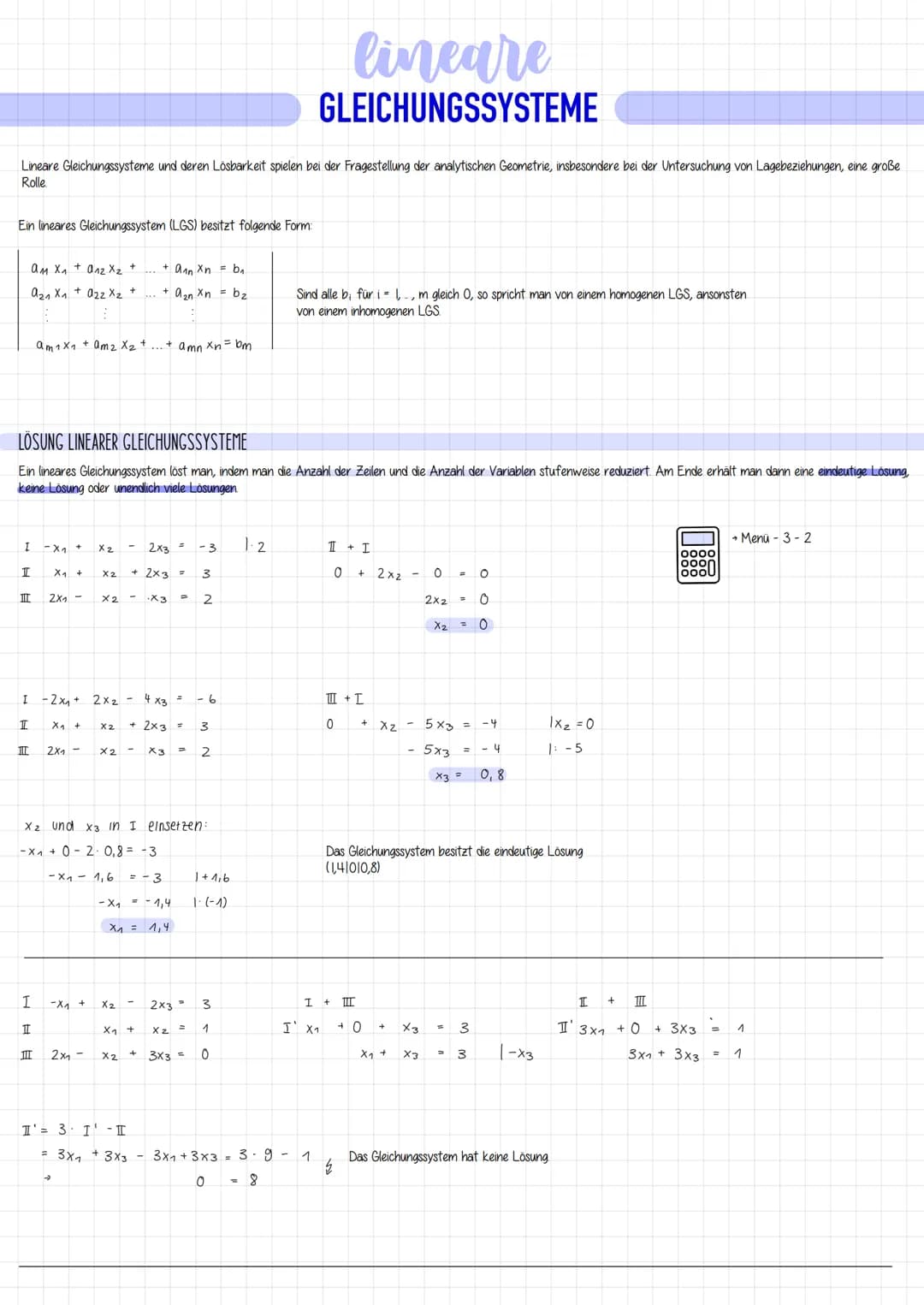 a Geometrie Lineare Gleichungssysteme und deren Lösbarkeit spielen bei der Fragestellung der analytischen Geometrie, insbesondere bei der Un