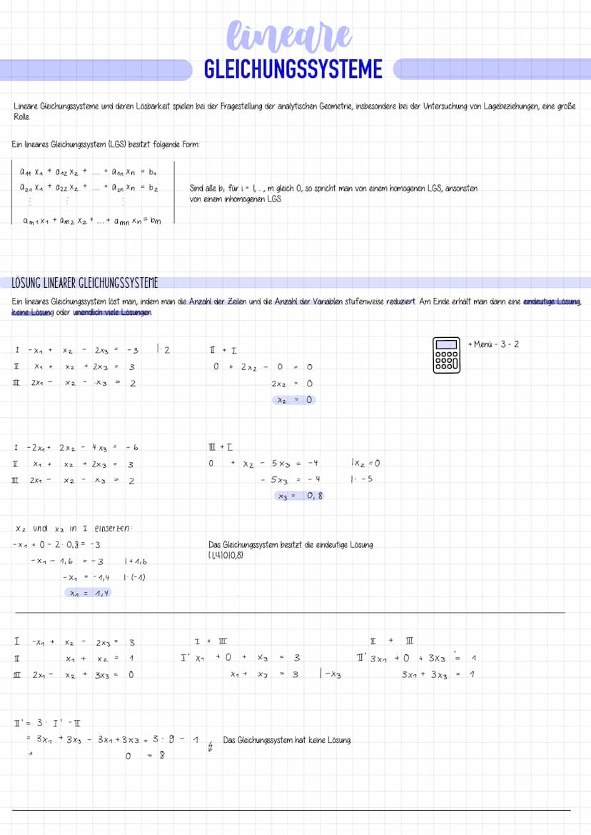 a Geometrie Lineare Gleichungssysteme und deren Lösbarkeit spielen bei der Fragestellung der analytischen Geometrie, insbesondere bei der Un